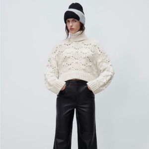 Zara - Cream Cable Knit Button Crop Sweater
